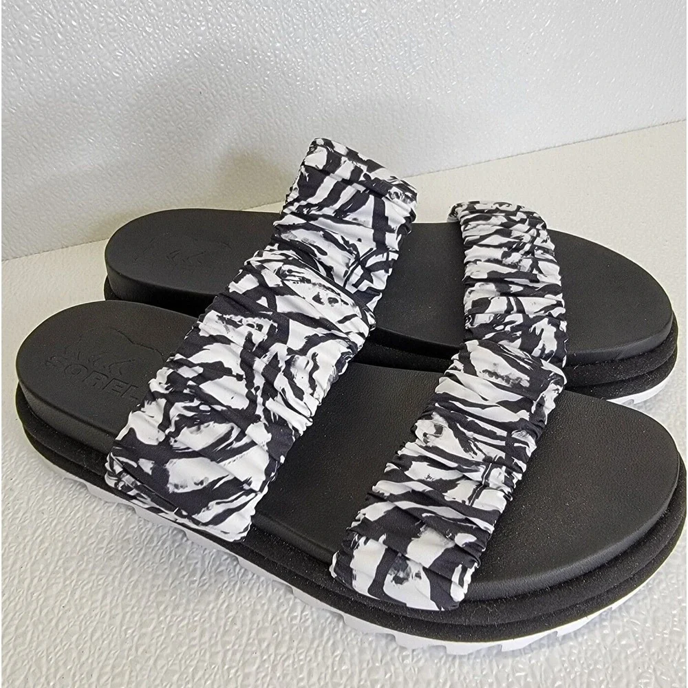Sorel Women's Roaming Two Strap Slide Sandals Black White Size 9.5